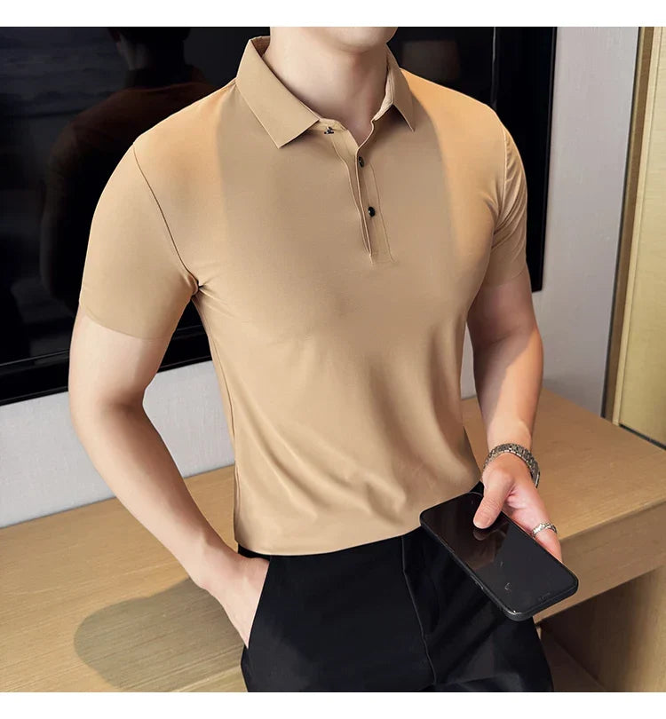 Ice Silk High Elastic Seamless T-shirt ,Summer Thin Polo Shirt, Solid Color Polo Collar Short Sleeve Brown Top, Business Leisure