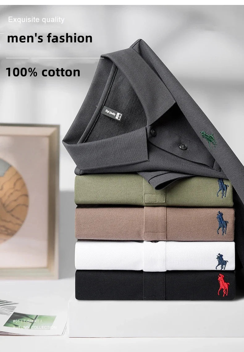 High end 100% cotton men's short sleeve solid color polo shirt light luxury brand embroidered business casual summer New T-shirt