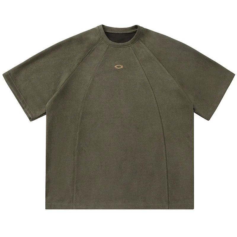 Brand Splicing Suede Male T Shirt 2026 Summer New American Vintage Short Sleeve T-shirts Man Solid Color Mens Clothing