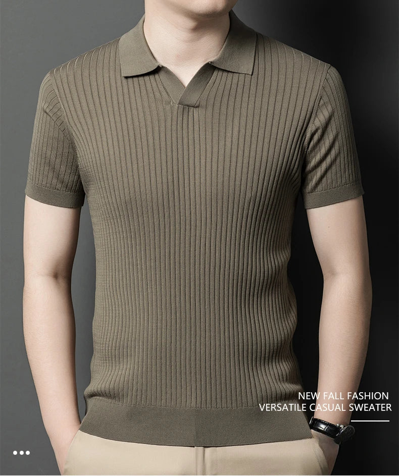 Mulberry Silk Men's Short-Sleeved Shirt, Slim Fit Summer Business Gentleman Men's Polo Shirt in 2024, High-End Knitwear