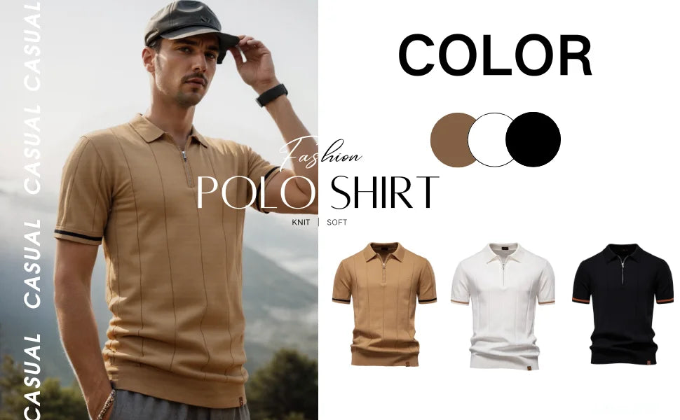 Men's Solid Color Sport Zipper Polo Shirt Athletic Social Polo Shirts for Men Office Slim Fit Polo