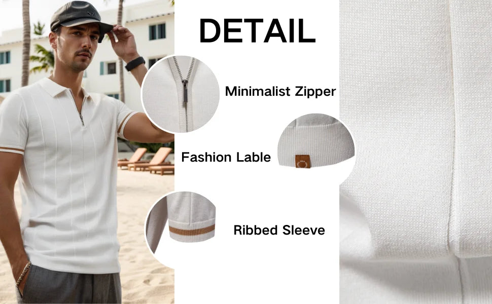 Men's Solid Color Sport Zipper Polo Shirt Athletic Social Polo Shirts for Men Office Slim Fit Polo