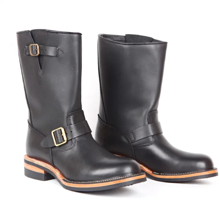 Luxury Men Work Genuine Leather High Top Boots Slip-On Biker Knight Boots Winter Mid-Calf Boots Zapatos De Hombre Work Shoes