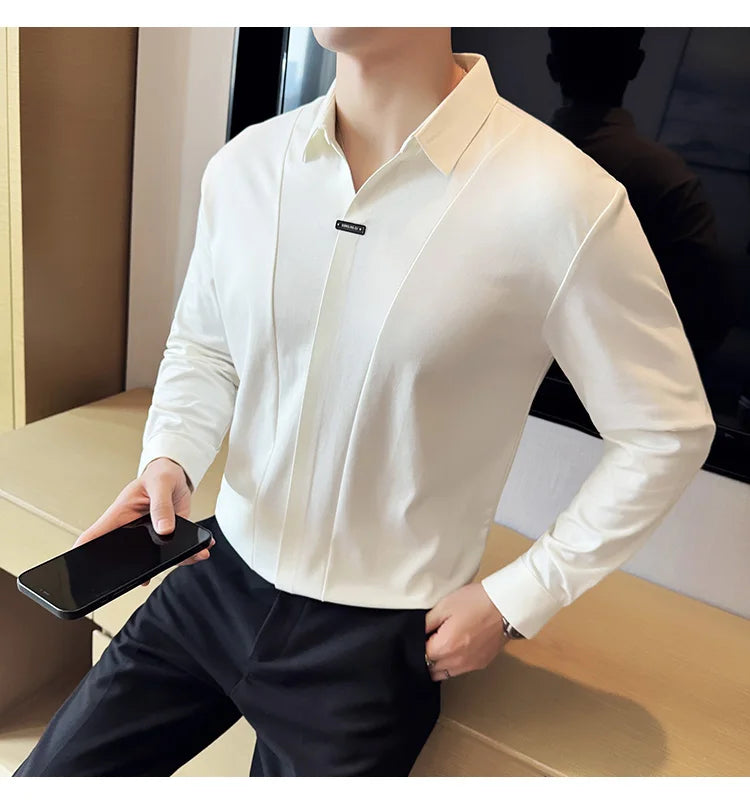 Stitching Special V-neck Long-Sleeved Polo Shirt, Men's High-Grade Elasticity Traceless Lapel T-shirt, Royal Blue Seamless Top