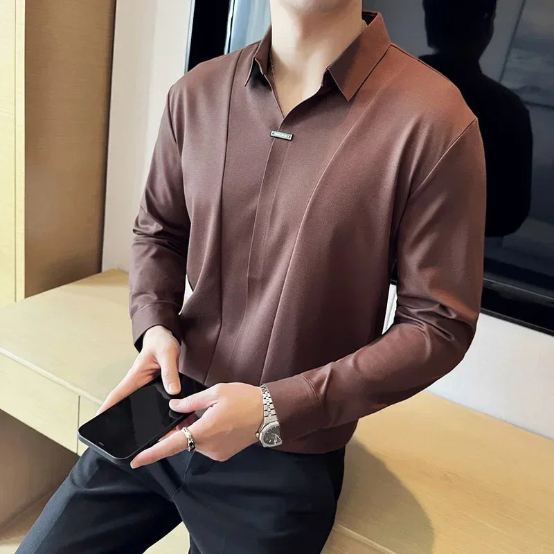 Stitching Special V-neck Long-Sleeved Polo Shirt, Men's High-Grade Elasticity Traceless Lapel T-shirt, Royal Blue Seamless Top