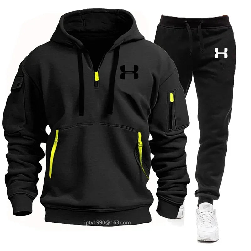 Men new autumn and winter multi-pocket zipper long-sleeved hoodie + sports and leisure pants two-piece fitness jogging suit