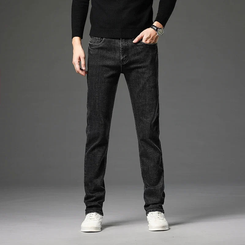 2025 Fall New Men's Cotton Stretch Slim Jeans Straight Version Business Fashion Denim Pants Vintage Blue Brand Trousers Black
