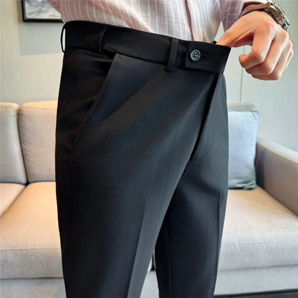 Autumn Winter Thicken Elastic Waist Casual Suit Pants High Quality Men Woven Dark Striped Slim Fit Office Social Dress Trousers
