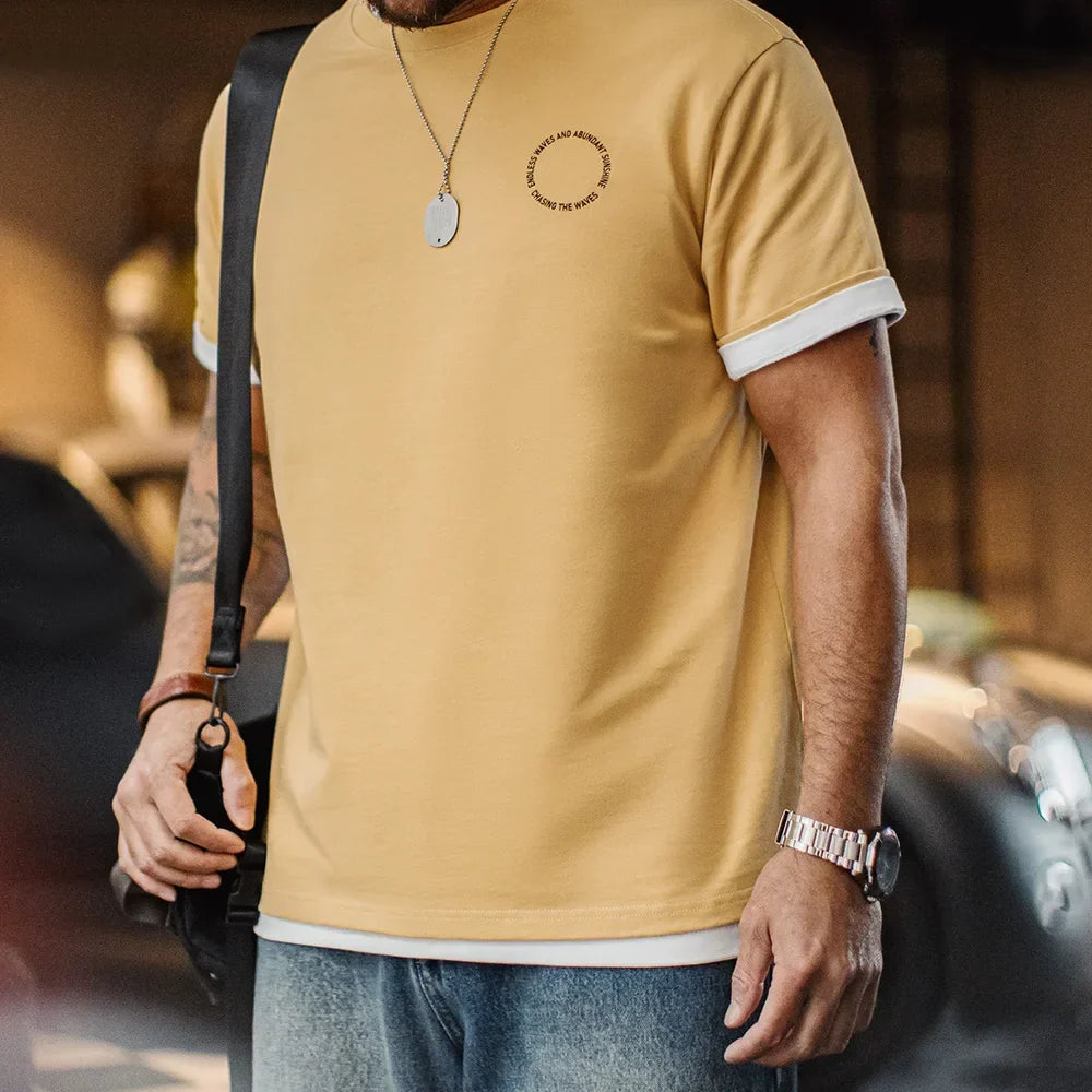 Vintage Foam Print Short Sleeves T-Shirt Men's Summer Heavyweight Yellow Cotton Tee Loose Fit Crew Neck Casual Street Tops