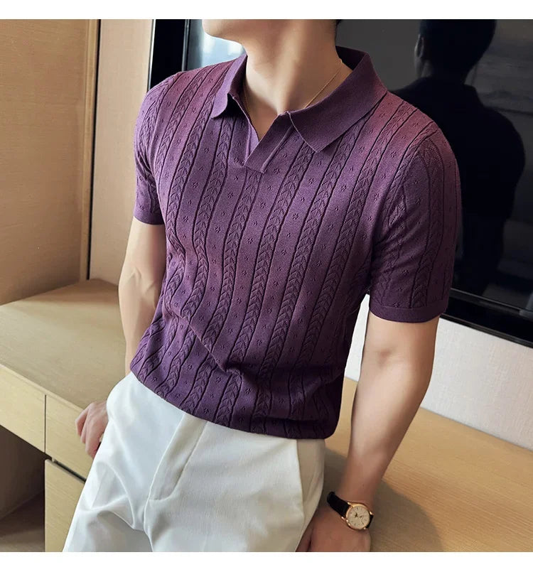 Men's Polo Shirt, Striped Jacquard Knit Short Sleeve, T-shirt V-neck Solid Color Elastic Top 2024. M-3XL,Summer Purple Thin