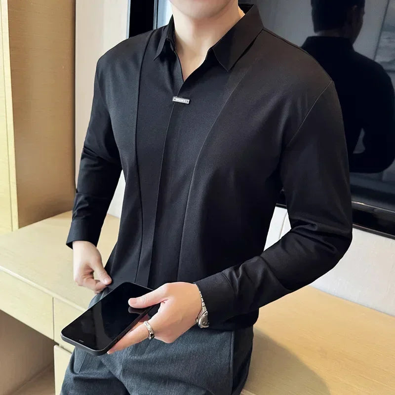 Stitching Special V-neck Long-Sleeved Polo Shirt, Men's High-Grade Elasticity Traceless Lapel T-shirt, Royal Blue Seamless Top