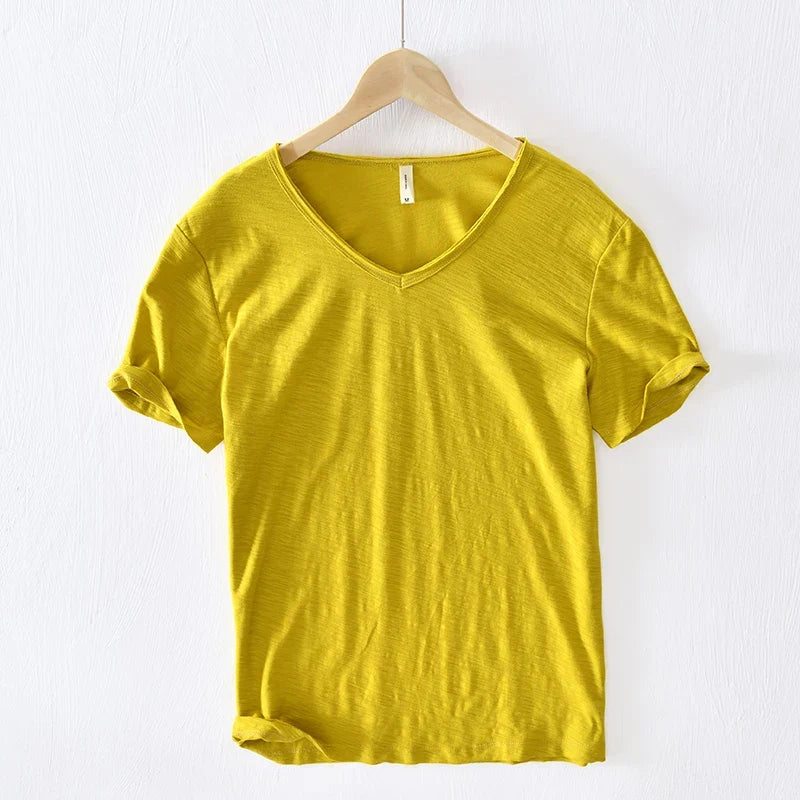 100% Cotton Short Sleeve V-Neck T Shirt Men Solid White Men T-Shirt Summer Comfortable and Breathable Soft Tshirt Mens Camiseta