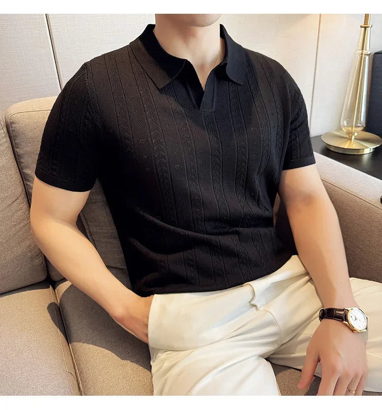 Men's Polo Shirt, Striped Jacquard Knit Short Sleeve, T-shirt V-neck Solid Color Elastic Top 2024. M-3XL,Summer Purple Thin