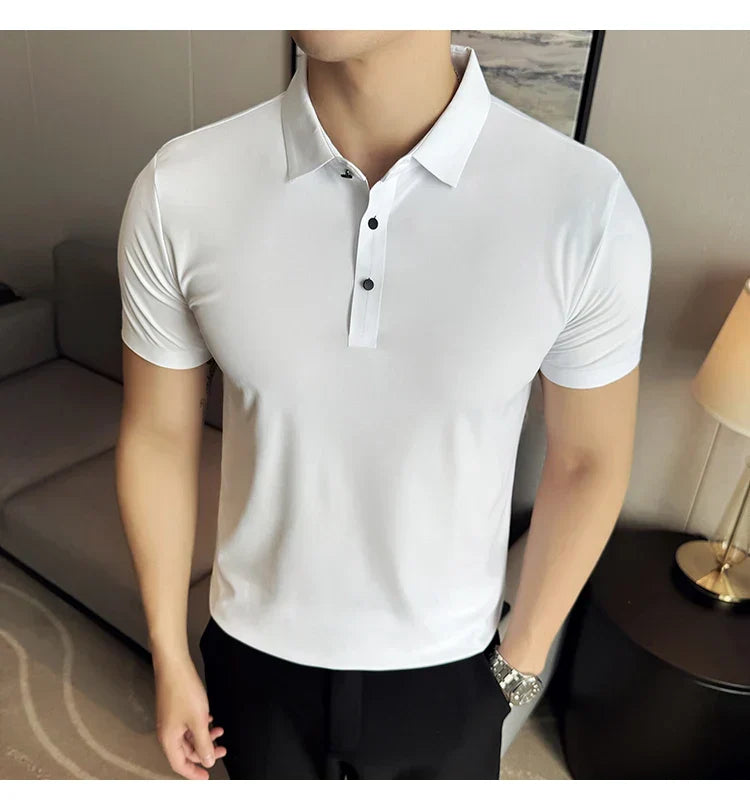 Ice Silk High Elastic Seamless T-shirt ,Summer Thin Polo Shirt, Solid Color Polo Collar Short Sleeve Brown Top, Business Leisure