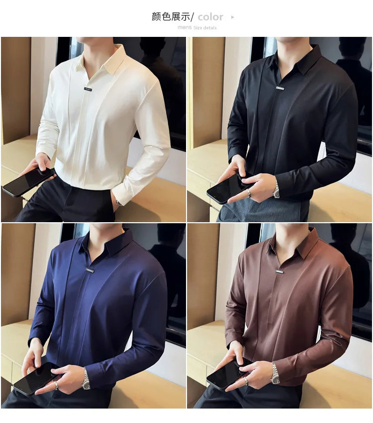 Stitching Special V-neck Long-Sleeved Polo Shirt, Men's High-Grade Elasticity Traceless Lapel T-shirt, Royal Blue Seamless Top