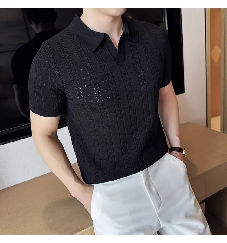 Men's Polo Shirt, Striped Jacquard Knit Short Sleeve, T-shirt V-neck Solid Color Elastic Top 2024. M-3XL,Summer Purple Thin