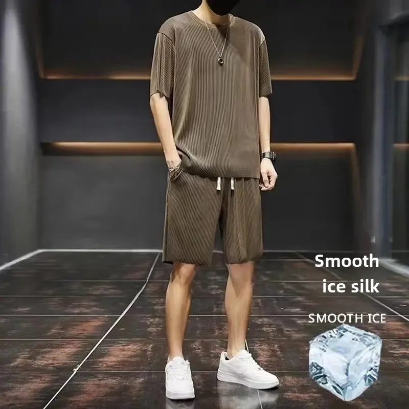 High-End Ice Silk Men's Sports Suit Casual Home Use Long Pants Short Sleeves Quick Drying Top Set Summer Collection