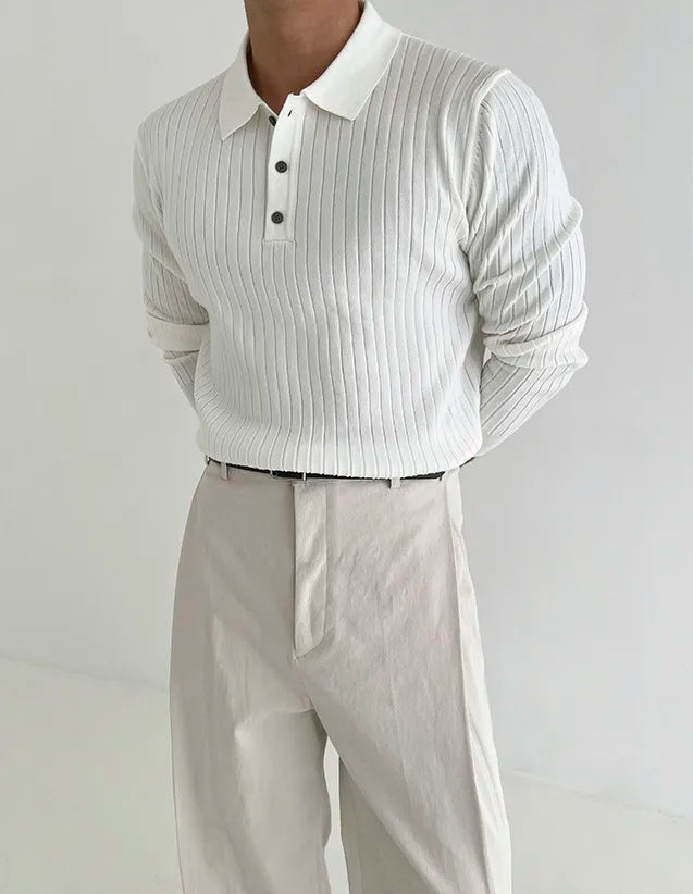 Striped Polo Shirt for Business and Casual Occasionsmen Breathable  Stretchy Slim  Knitted Pullover, Long-sleeve Sweater