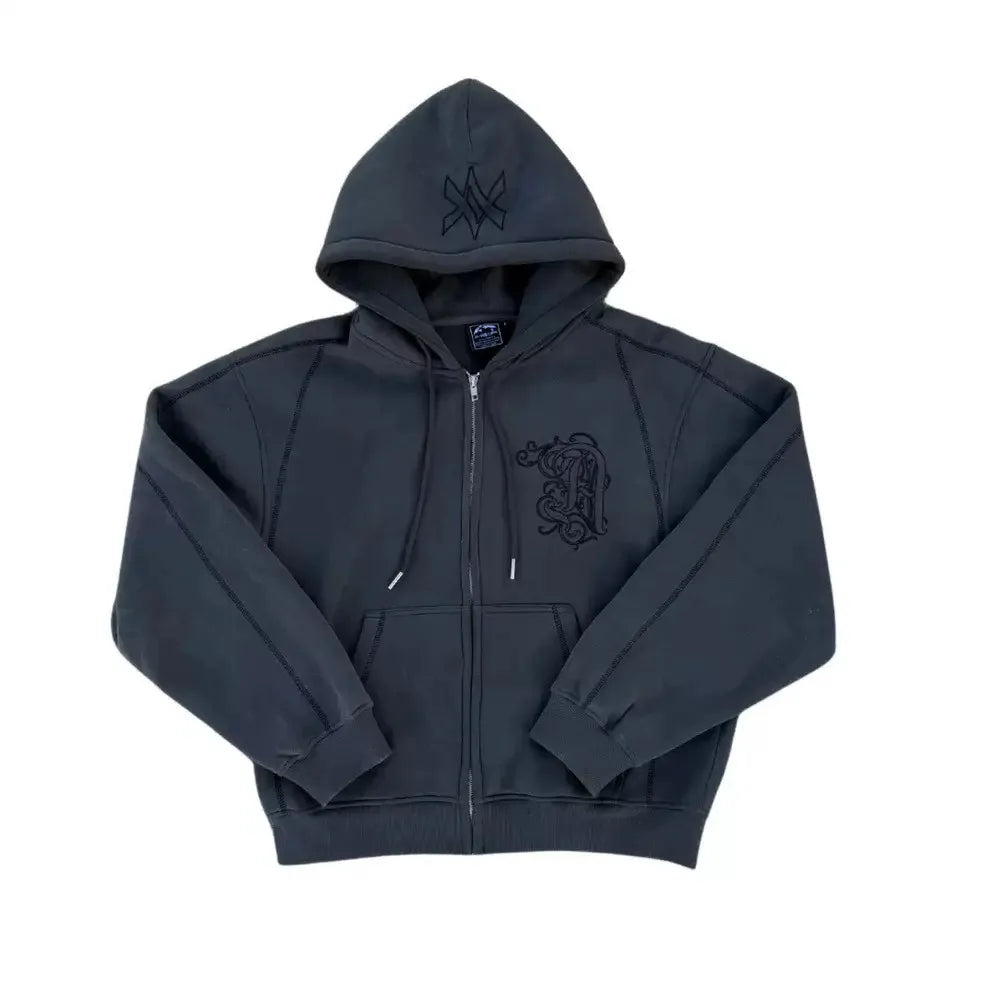 American Y2K Casual Zipper Hoodie Sweatpant Two Piece Set HipHop Oversized Embroidery Sweatshirts Men Women Casual Pants