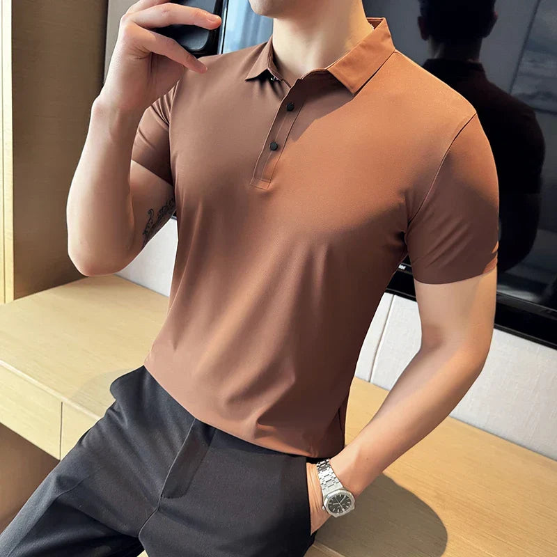 Ice Silk High Elastic Seamless T-shirt ,Summer Thin Polo Shirt, Solid Color Polo Collar Short Sleeve Brown Top, Business Leisure