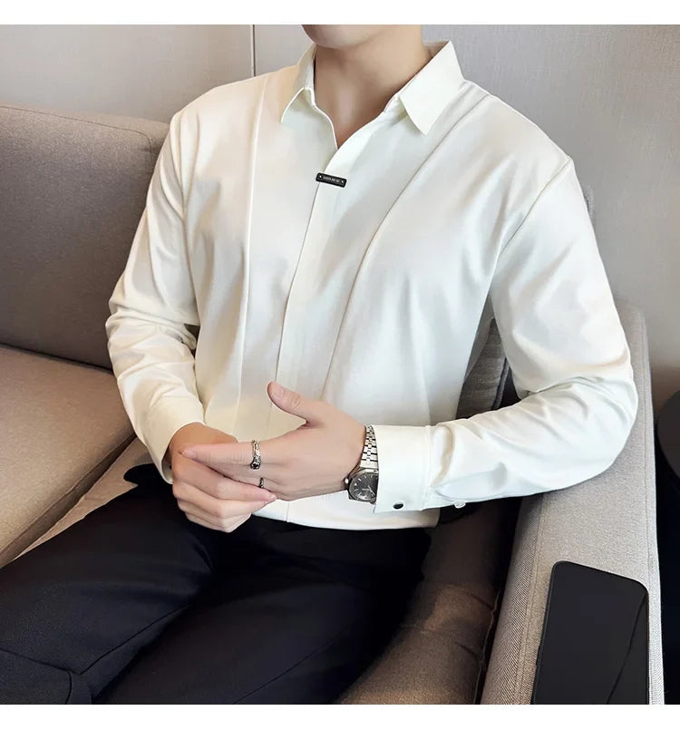 Stitching Special V-neck Long-Sleeved Polo Shirt, Men's High-Grade Elasticity Traceless Lapel T-shirt, Royal Blue Seamless Top
