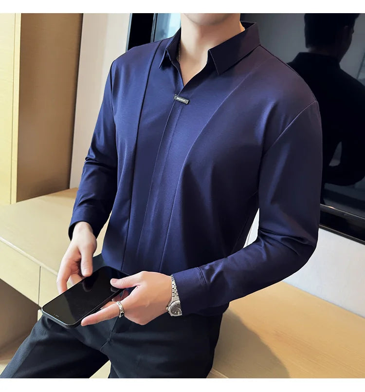 Stitching Special V-neck Long-Sleeved Polo Shirt, Men's High-Grade Elasticity Traceless Lapel T-shirt, Royal Blue Seamless Top