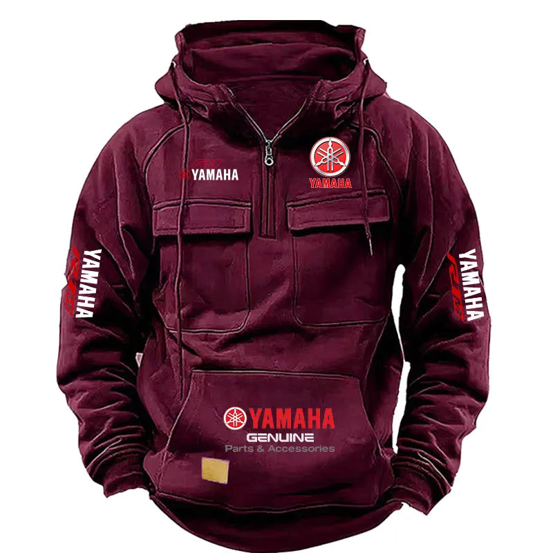 2026 New YAMAHA logo  Motorcycle Racing Race Retro Velvet Half Zipper Hoodie Men's Multi Pocket Autumn/Winter Casual Sweatshirt