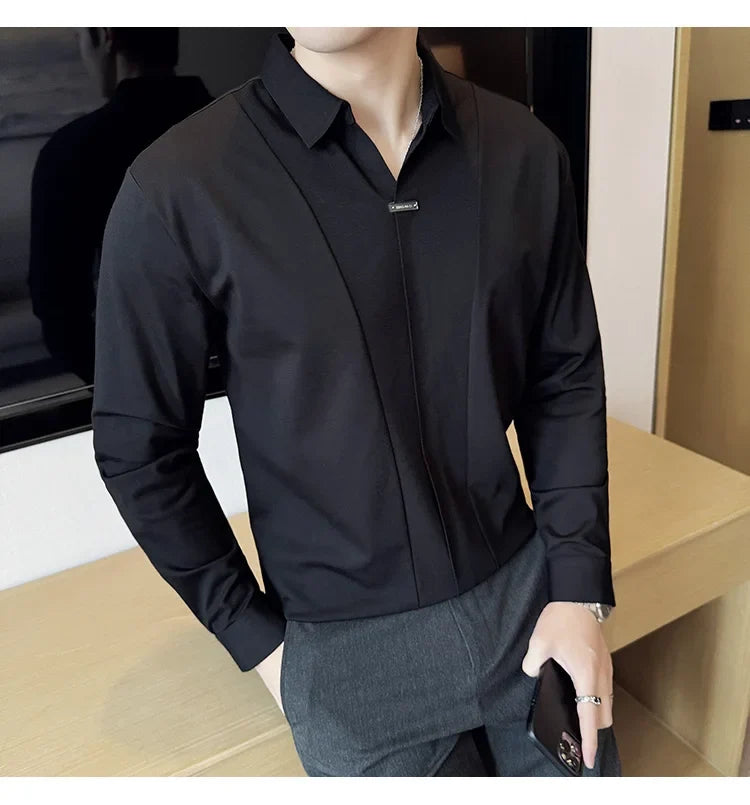 Stitching Special V-neck Long-Sleeved Polo Shirt, Men's High-Grade Elasticity Traceless Lapel T-shirt, Royal Blue Seamless Top