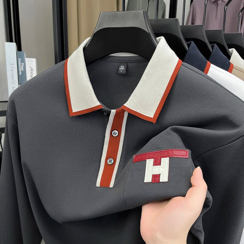 Light Luxury Fashion 100% Pure Cotton Polo Shirt Men's Long Sleeved Autumn New Item Middle-aged Dad Collar Base T-shirt