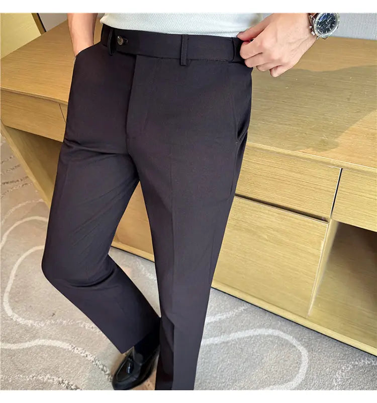 Autumn Winter Thicken Elastic Waist Casual Suit Pants High Quality Men Woven Dark Striped Slim Fit Office Social Dress Trousers