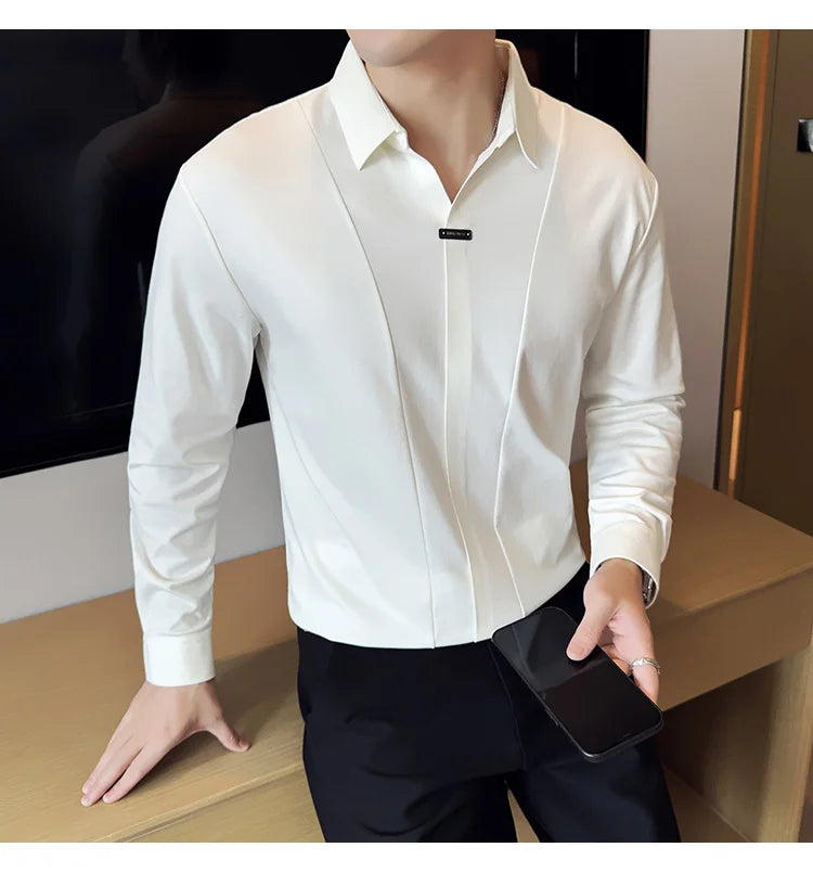Stitching Special V-neck Long-Sleeved Polo Shirt, Men's High-Grade Elasticity Traceless Lapel T-shirt, Royal Blue Seamless Top