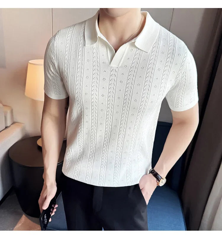 Men's Polo Shirt, Striped Jacquard Knit Short Sleeve, T-shirt V-neck Solid Color Elastic Top 2024. M-3XL,Summer Purple Thin