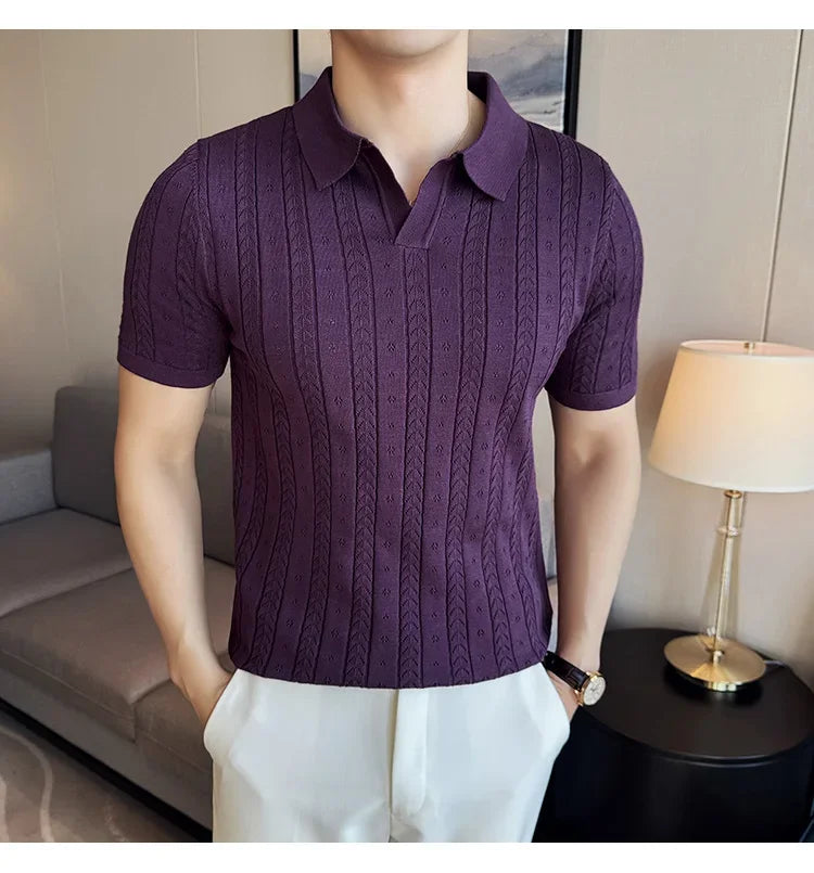 Men's Polo Shirt, Striped Jacquard Knit Short Sleeve, T-shirt V-neck Solid Color Elastic Top 2024. M-3XL,Summer Purple Thin