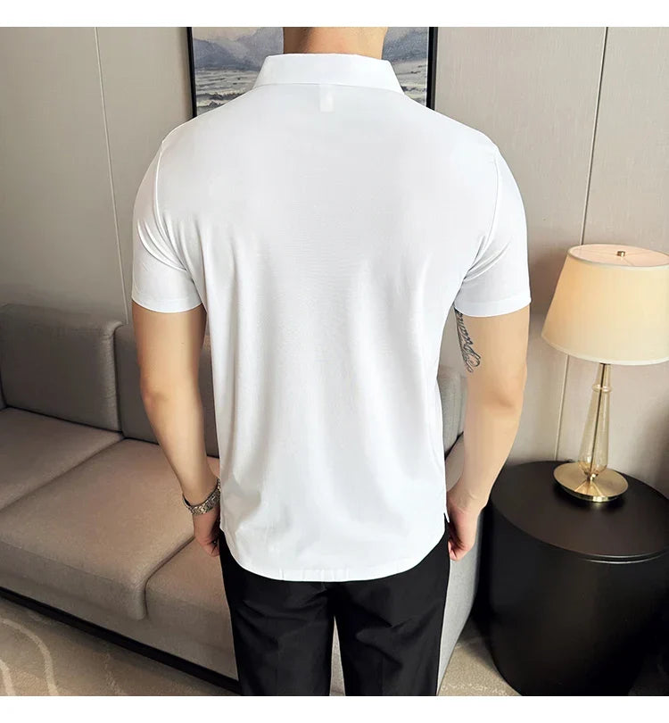 Ice Silk High Elastic Seamless T-shirt ,Summer Thin Polo Shirt, Solid Color Polo Collar Short Sleeve Brown Top, Business Leisure