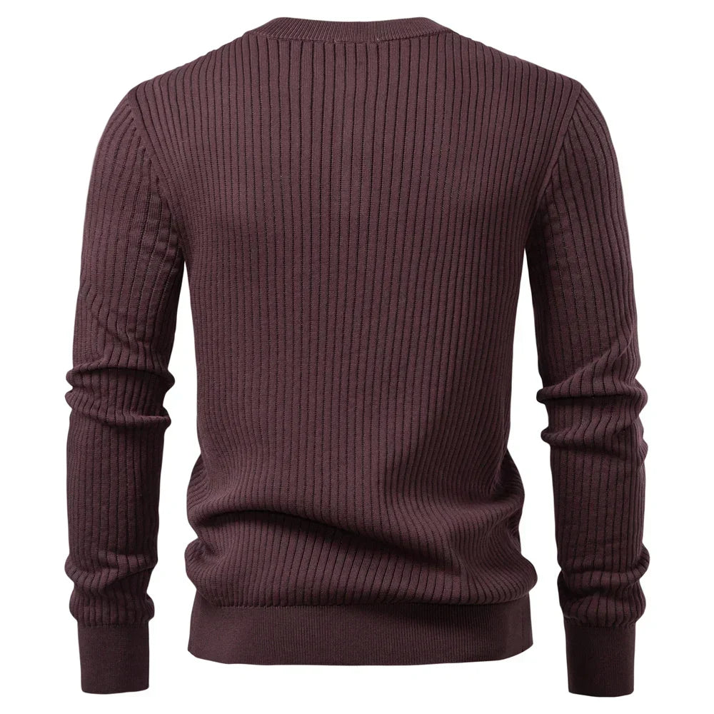 Button Placket Polo Shirt Men Ribbed Stripe Long Sleeve Contemporary Fit Minimalist Autumn Winter Premium Business Top