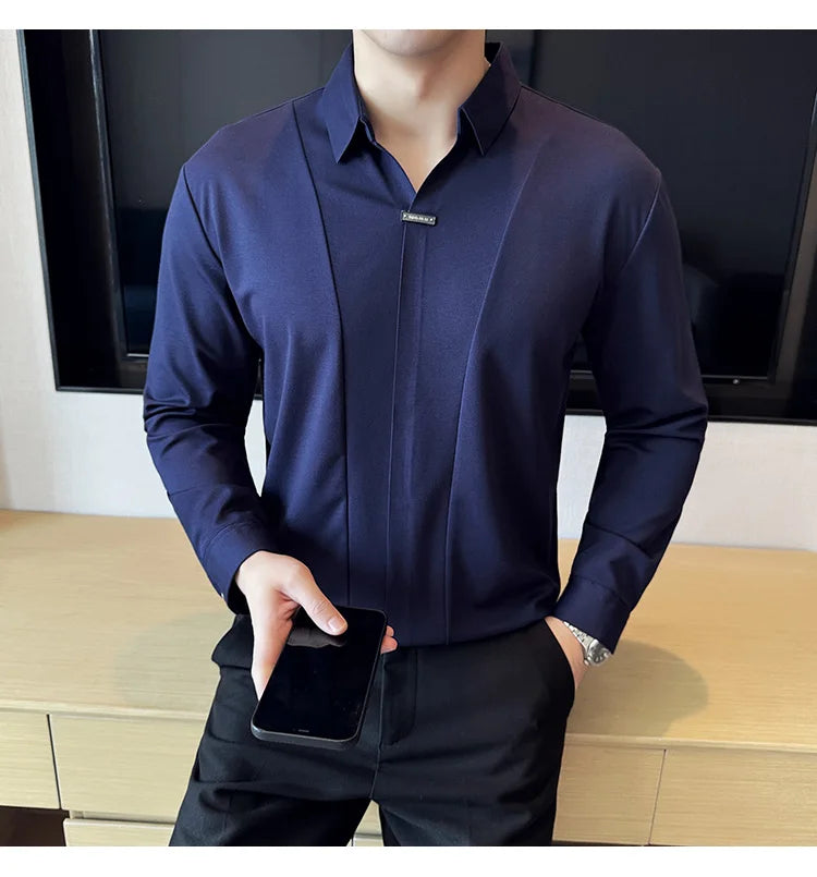 Stitching Special V-neck Long-Sleeved Polo Shirt, Men's High-Grade Elasticity Traceless Lapel T-shirt, Royal Blue Seamless Top