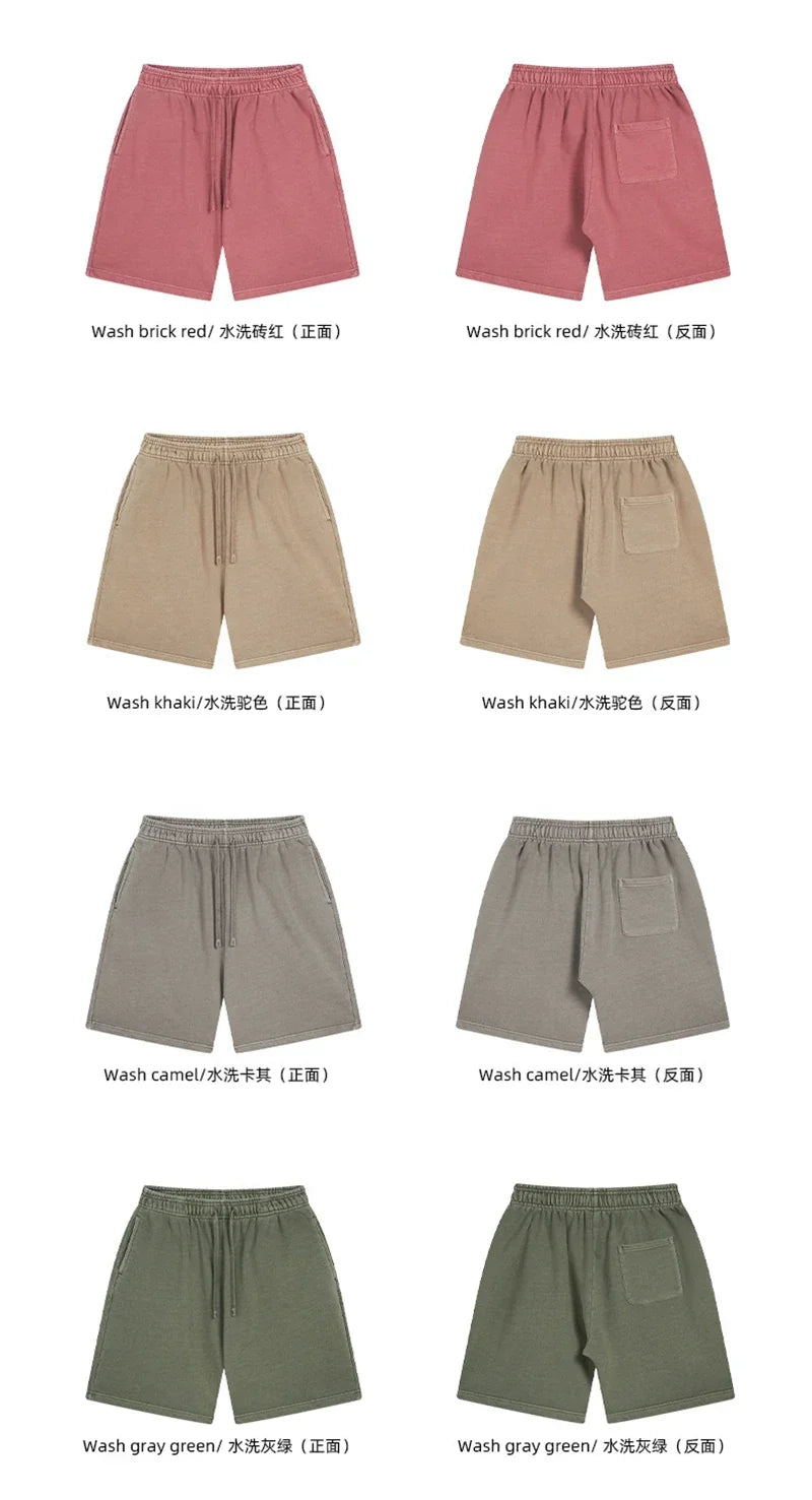 Fashion Summer Men 420gsm Washed Cotton Shorts Retro Unisex High Street Terry Knee Length Short Pants Streetwears HY0845