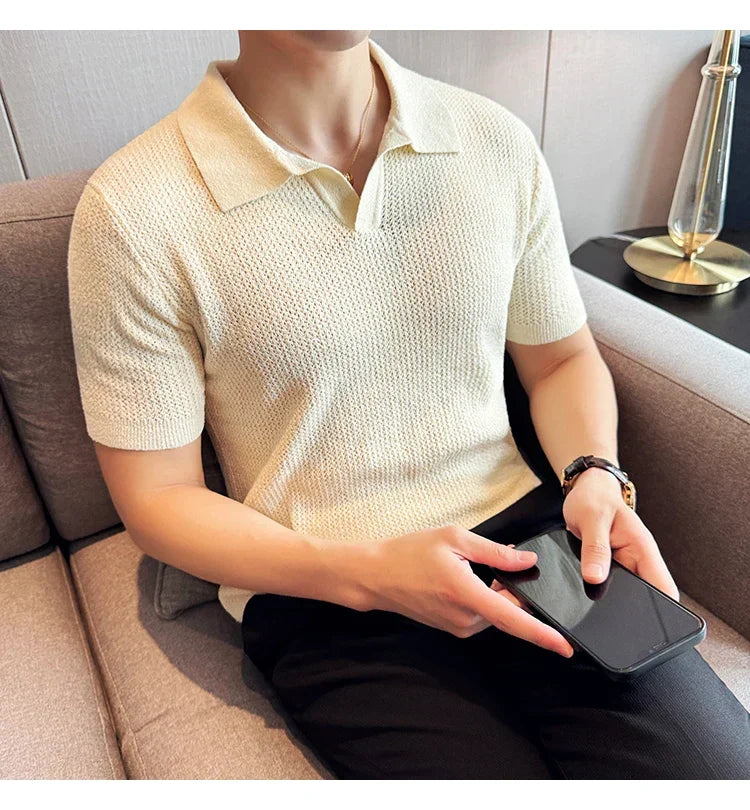 Hollow Knitted Short-Sleeved T-shirt, V-neck Brown Polo Shirt, High-End Quality, Cool, Luxury Genuine Goods，Slim Top