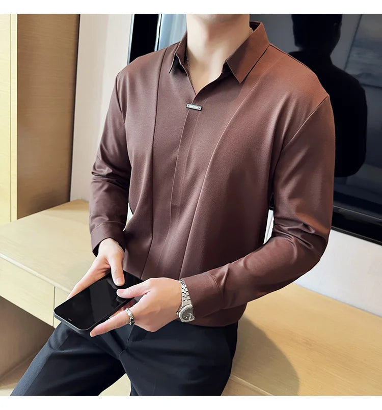 Stitching Special V-neck Long-Sleeved Polo Shirt, Men's High-Grade Elasticity Traceless Lapel T-shirt, Royal Blue Seamless Top