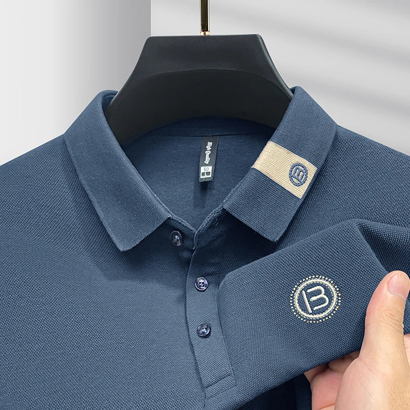 High end letter embroidery brand men's long sleeved polo shirt 2024 Spring and Autumn new comfortable 100% cotton casual T-shirt