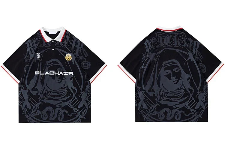 Hip Hop Streetwear Polo T-Shirt Virgin Mary Graphic T Shirt Men Polo Shirt Short Sleeve Harajuku Cotton Tops Tees Red Grey