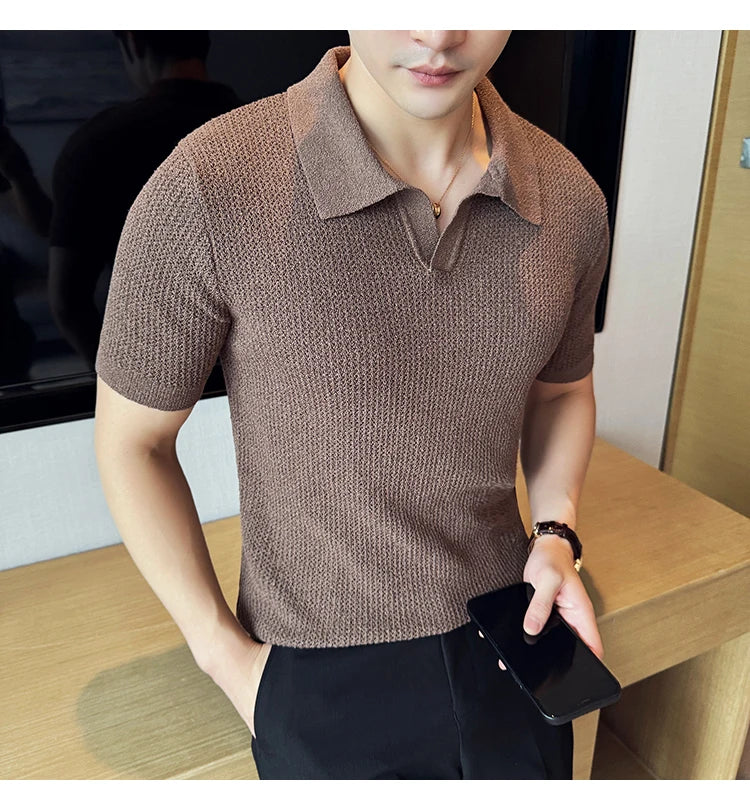 Hollow Knitted Short-Sleeved T-shirt, V-neck Brown Polo Shirt, High-End Quality, Cool, Luxury Genuine Goods，Slim Top