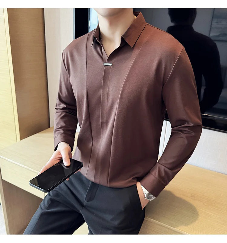 Stitching Special V-neck Long-Sleeved Polo Shirt, Men's High-Grade Elasticity Traceless Lapel T-shirt, Royal Blue Seamless Top