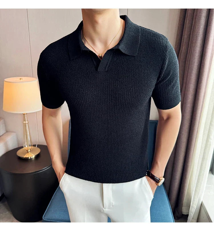 Hollow Knitted Short-Sleeved T-shirt, V-neck Brown Polo Shirt, High-End Quality, Cool, Luxury Genuine Goods，Slim Top