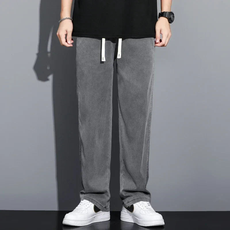 Summer Soft Lyocell Fabric Thin Loose Straight Pants Drawstring Elastic Waist Korea Casual Trousers Men's Jeans Plus Size M-5XL