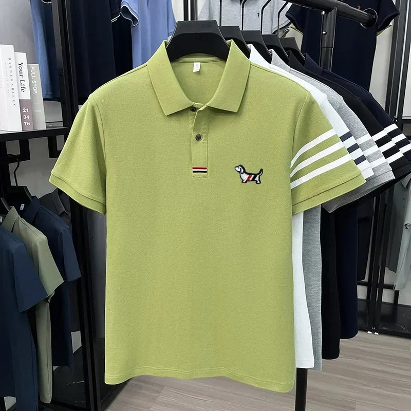 luxury brand men's high quality short sleeves polo shirt lapel embroidery puppy cuff stripe t-shirt business leisure men's wear