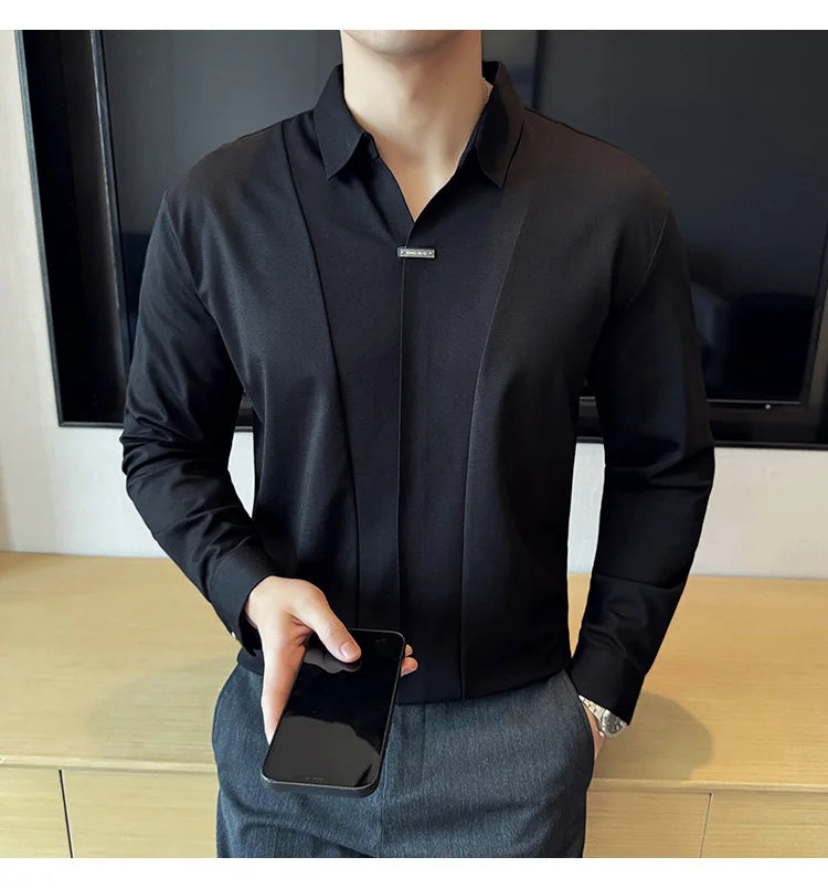 Stitching Special V-neck Long-Sleeved Polo Shirt, Men's High-Grade Elasticity Traceless Lapel T-shirt, Royal Blue Seamless Top