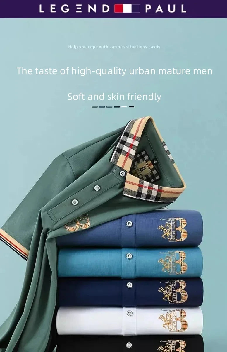 Luxury brand short sleeve men's polo shirt summer high-end fashion plaid embroidery lapel casual T-shirt breathable cotton top