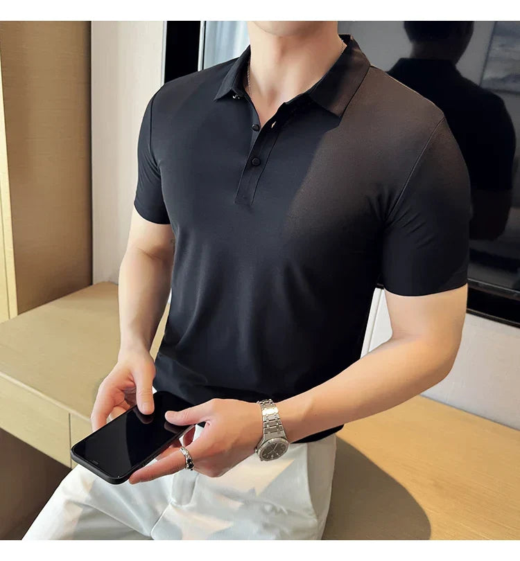 Ice Silk High Elastic Seamless T-shirt ,Summer Thin Polo Shirt, Solid Color Polo Collar Short Sleeve Brown Top, Business Leisure
