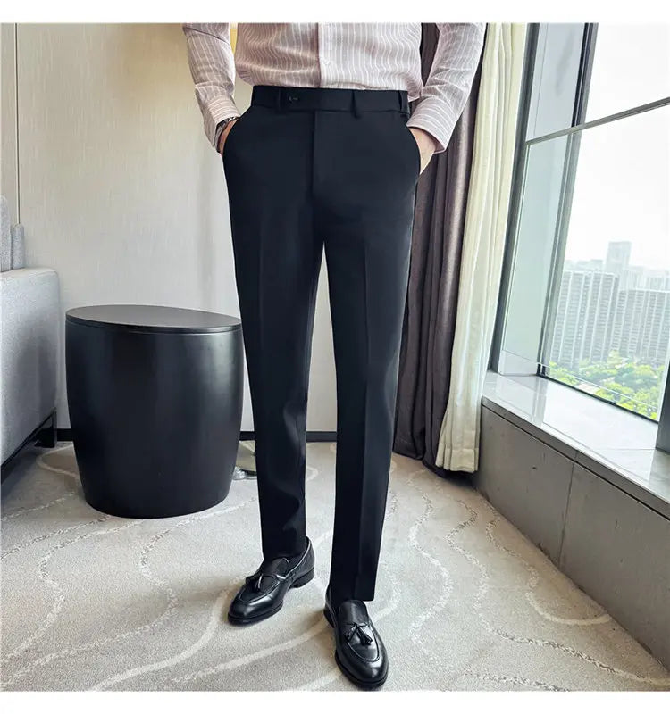 Autumn Winter Thicken Elastic Waist Casual Suit Pants High Quality Men Woven Dark Striped Slim Fit Office Social Dress Trousers